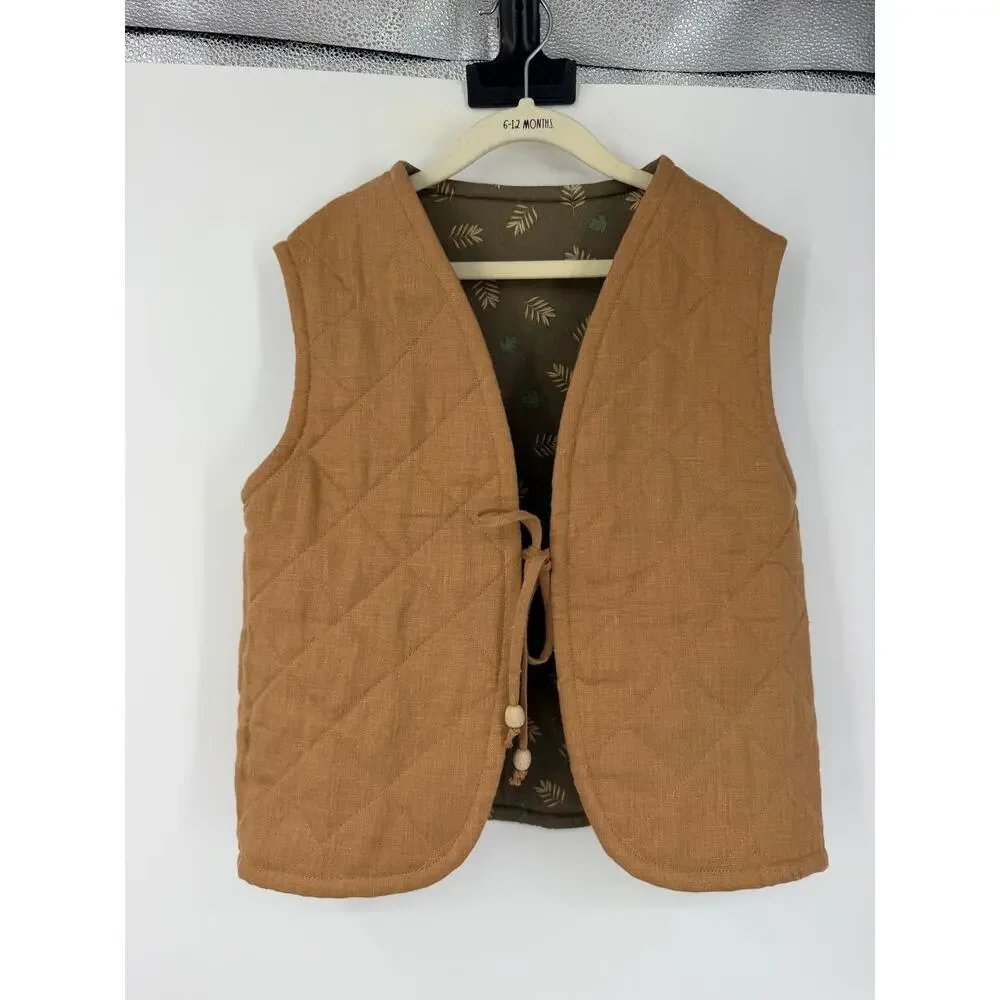 Kids 100% Linen Quilted Vest Size 6-7 Reversible Fall Pumpkin Patch Hand Made